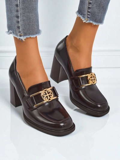 Damen Loafer Persephone Nero mit Blockabsatz Öko-Leder goldene Schnalle