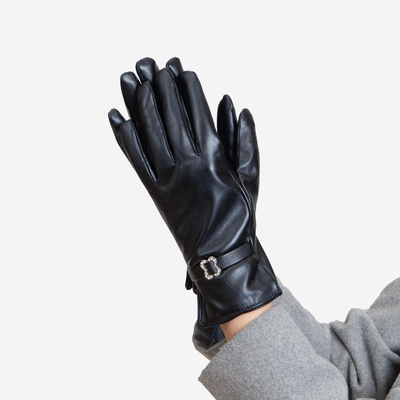 Schwarze klassische Damenhandschuhe aus Ökoleder mit Schnalle - Accessoires