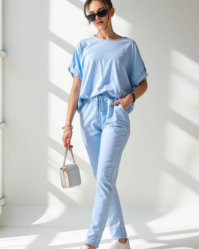 Royalfashion Damen Baumwollset mit kurzen Ärmeln und geraden Hosen