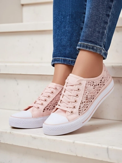 Rosa Damen-Sneakers Stoff Kalipso – Ajour-Sneakers mit flacher Sohle
