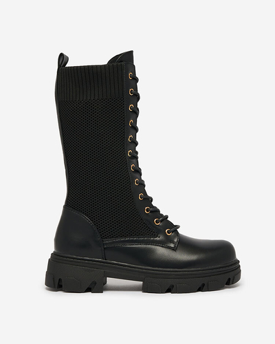 Royalfashion Durchbrochene schwarze Damenstiefel mit flachem Absatz Kaliffo