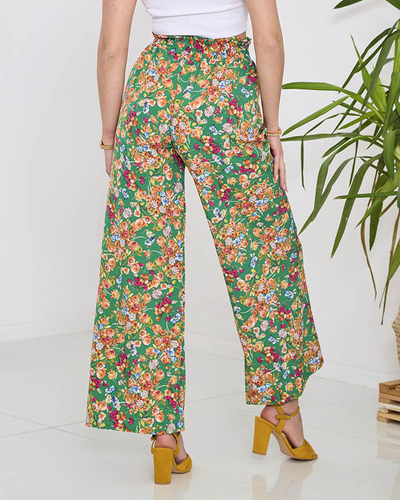 Grüne Damen-Palazzo-Hose mit orangefarbenen Blumen- Kleidung