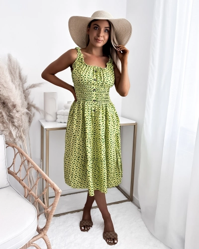 Knielanges Damenkleid mit Print in Grün- Kleidung
