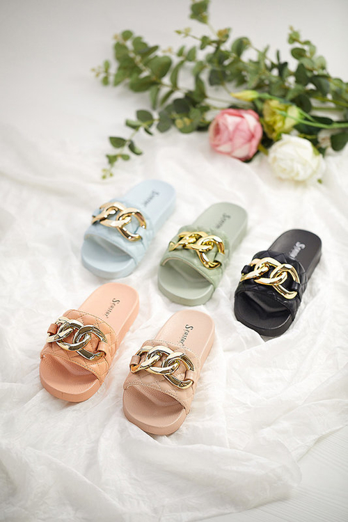 Жіночі бежеві стьобані тапочки із золотим ланцюжком Eteris - Взуття