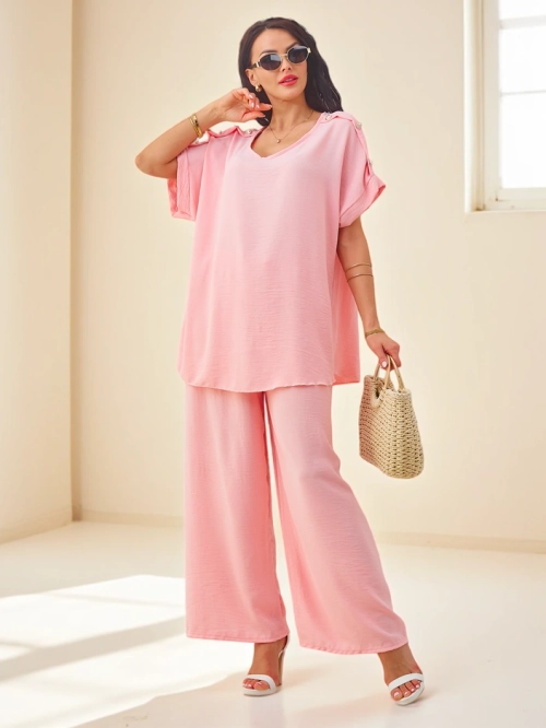 Royalfashion Жіночий бавовняний комплект з короткими рукавами та широкими штанами