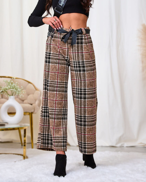 Royalfashion Бежеві жіночі широкі брюки в клітинку