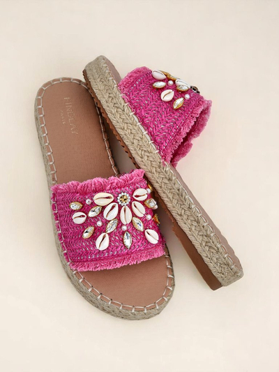 Damen Pantoletten Royalfashion Callista Fuchsia auf Plateau mit Muscheln