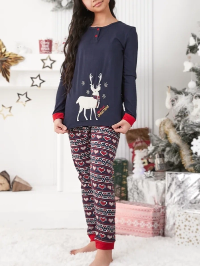 Royalfashion Weihnachtsbaum Baumwoll-Kinderpyjama mit Polar-Reh