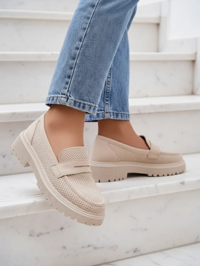Damen Loafer Callista beige, Öko-Leder, flacher Absatz 4 cm
