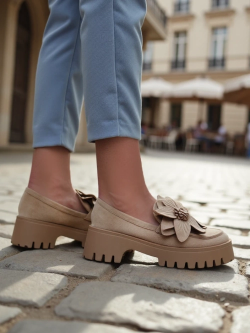 Royalfashion Еко нубук жіночі мокасини з квіткою Floverse