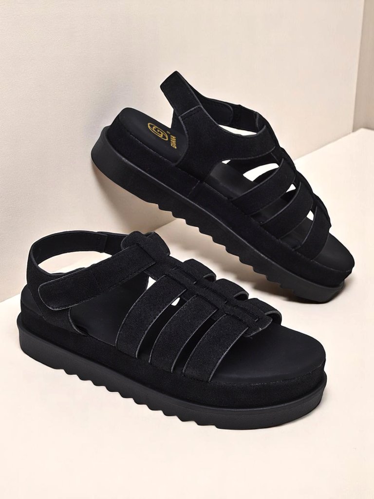 Damen Sandalen Heraclea Royalfashion auf Plateau schwarz aus Öko-Leder