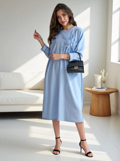 Royalfashion Damen-Midikleid, übergrober Stoff mit einer Blume