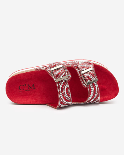 Damenhausschuhe mit Zirkonia in roten Lalud-Shoes