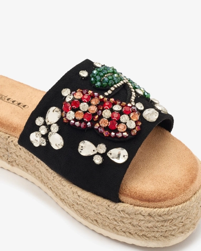 Royalfashion Schwarze verzierte Damen-Flip-Flops mit dicker Sohle Avadeka