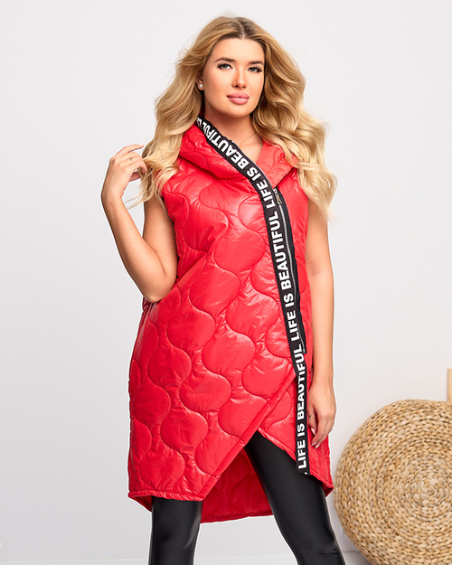 Червоний довгий стьобаний жилет з принтом