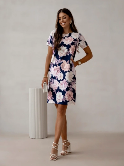 Royalfashion Einfaches knielanges Damenkleid mit kurzen Ärmeln und einem floralen Muster