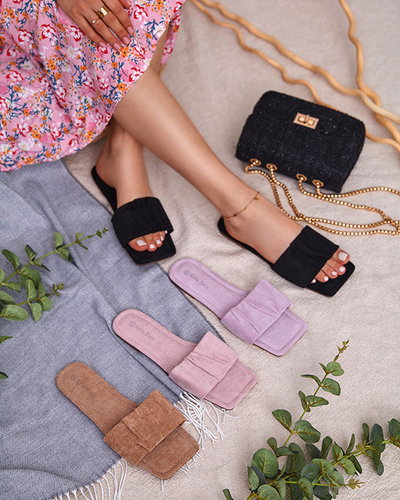 Flache Damenhausschuhe aus Öko-Veloursleder schwarz Nesico - Schuhe