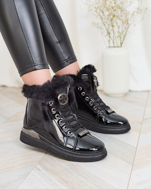 Royalfashion Лаковані чорні жіночі утеплені кросівки Rebucca