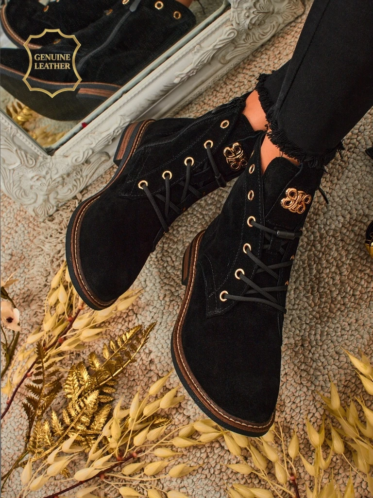 Botki damskie Aurelia Romano z naturalnego zamszu – brązowe, z futerkiem