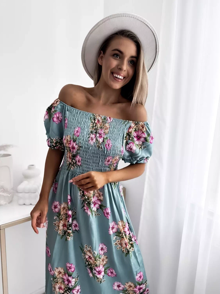 Grünes Midikleid für Damen mit Blumenmuster - Kleidung