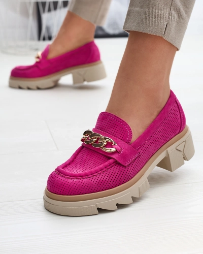 Royalfashion Öko-Wildleder Mokassins mit Goldverzierung in fuchsia Zaffix