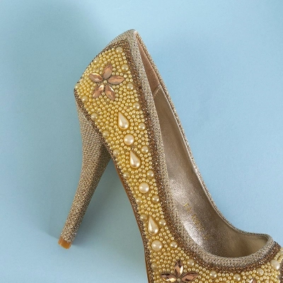 OUTLET Gold Damen Brokat Pumps mit Zirkonen und Gitana Perlen - Schuhe