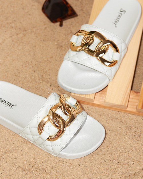 OUTLET Сині жіночі стьобані тапочки на золотому ланцюжку Eteris - Взуття