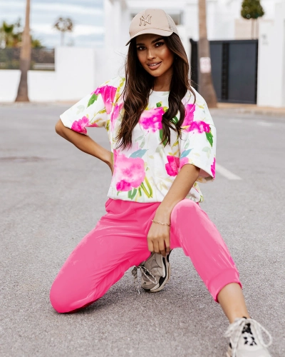 Royalfashion Dunkelrosa Velours Damen-Trainingsanzug-Set mit Blumenmotiv