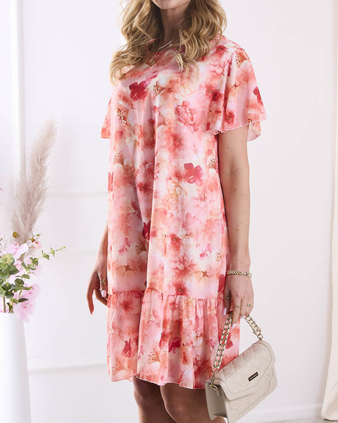 Knielanges Damenkleid mit Druck und Rüsche in Orange- Kleidung