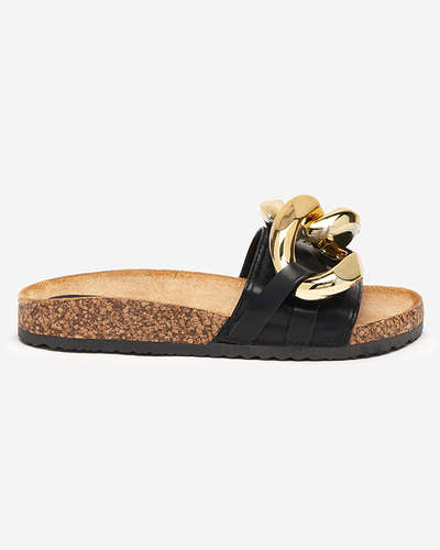 Sommerliche Ariadne Royalfashion Pantoletten mit großer goldener Kette, schwarzes Leder