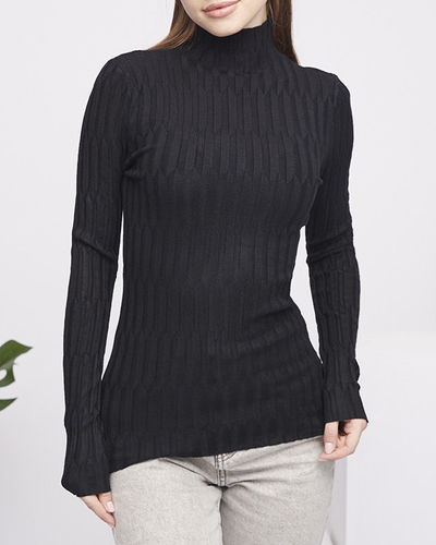 Schwarzer gerippter Damenpullover mit Stehkragen - Bekleidung