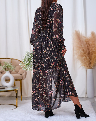 Royalfashion Schwarzes und rosafarbenes Midikleid aus Mesh mit Print