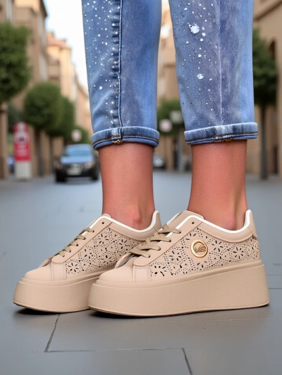 Damen Plateau Sneakers Callista Royalfashion ecru Öko-Leder