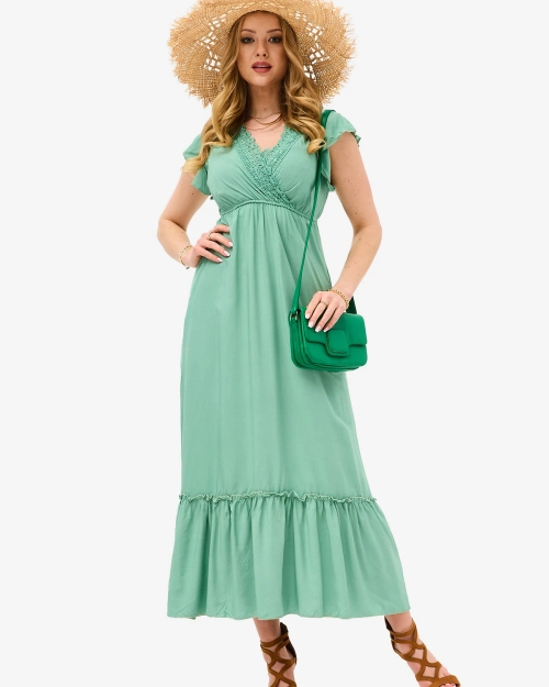 Grünes langes Damenkleid mit Spitze - Kleidung