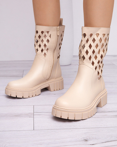Beige Damenstiefel mit Lochmuster und flachem Absatz Yoki - Footwear