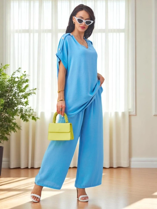 Royalfashion Жіночий бавовняний комплект з короткими рукавами та широкими штанами