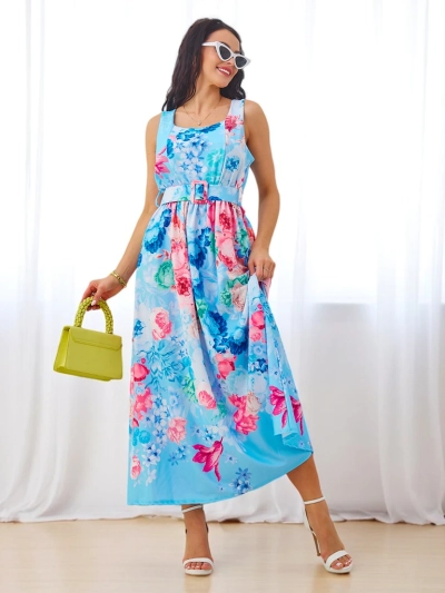 Royalfashion Damen Viskose-Midi-Kleid mit Trägern, ausgestattet mit einem Gürtel in verschiedenen Blumenmustern
