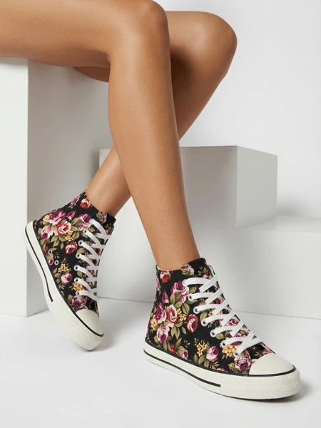 Damen Sneaker Flora Schwarz-Blumenmuster Stoff für den Sommer