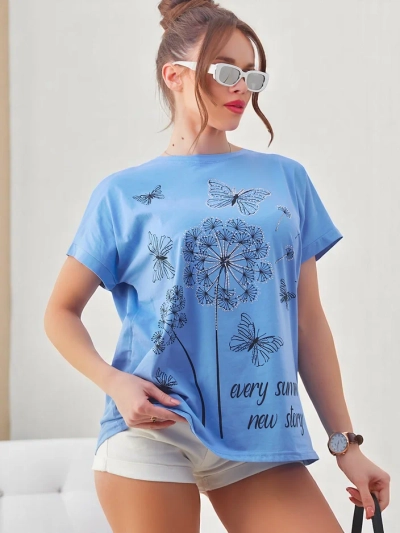Royalfashion Damen Baumwoll-T-Shirt mit Löwenzahn und Schmetterling