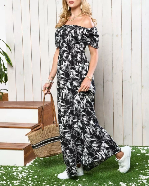 Schwarz-weißes Damen-Maxikleid mit Druck- Kleidung