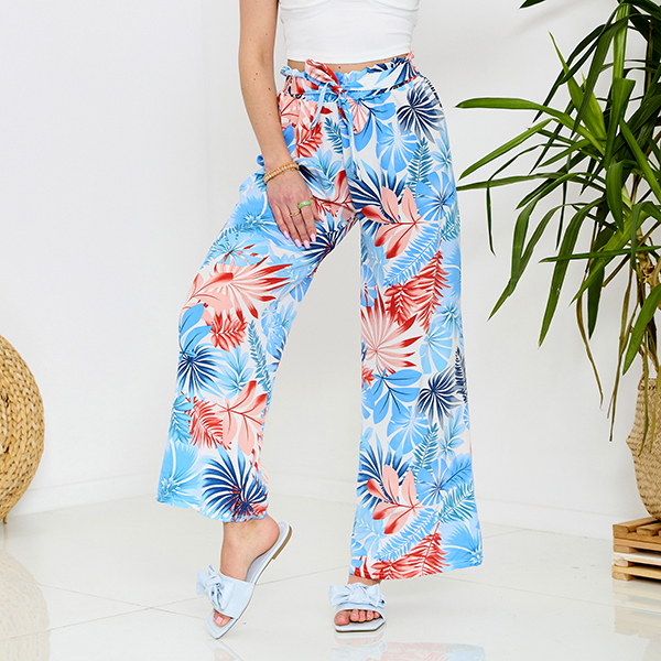 Blaue Damen-Palazzohose mit Blumenmuster - Kleidung