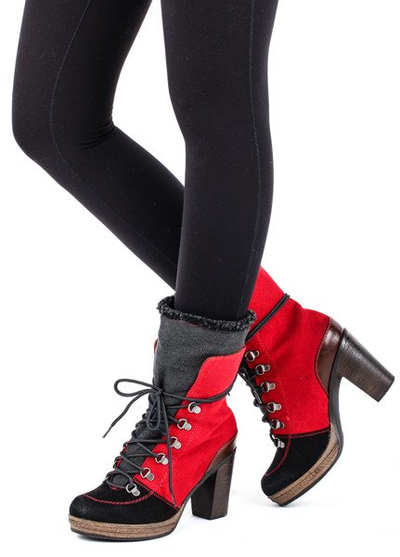 Red-black boots on the post with sheepskin coat - Footwear