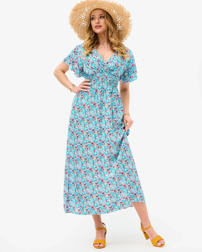 Blaues Damen-Midikleid mit Umschlagausschnitt - Kleidung