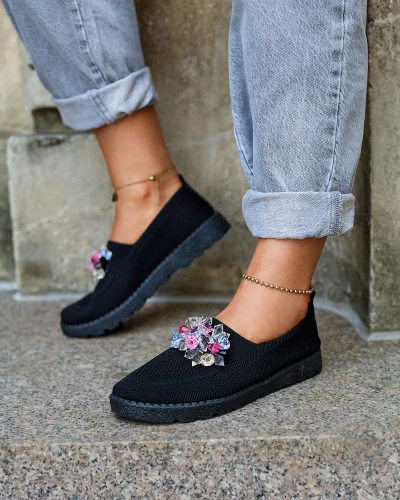 Royalfashion Чорні жіночі тканинні мокасини з кристалами Fezens