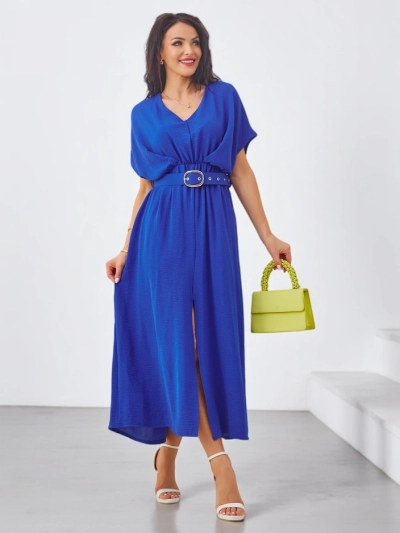 Royalfashion Damen Midi-Kleid mit kurzen Ärmeln, V-Ausschnitt und Schlitz in der Mitte