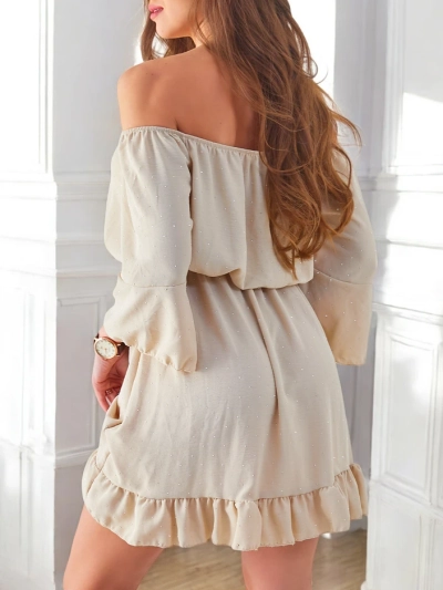 Royalfashion Damen Mini-Kleid schulterfrei mit langen Ärmeln und Strasssteinchen