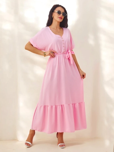 Royalfashion Damen-Midikleid mit kurzen Ärmeln und dekorativen Knöpfen