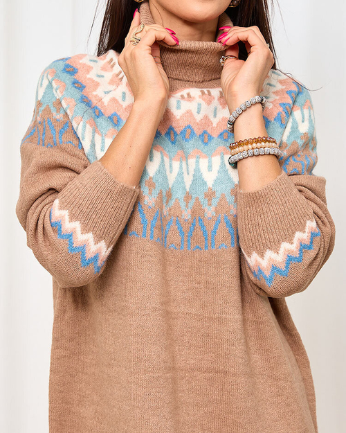 Royalfashion Коричнева жіноча сукня-светр з водолазкою та принтом