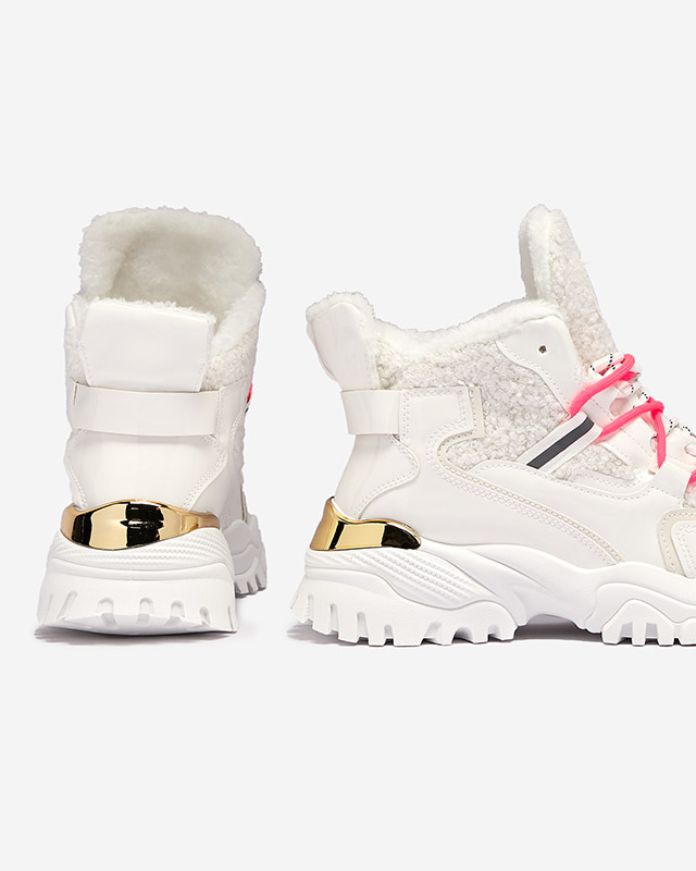 Weiße Damen-Sportschuhe mit Pelz und neonpinken Schnürsenkeln Sagglo- Footwear