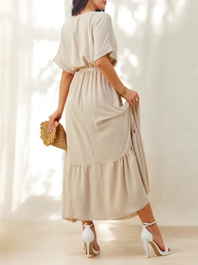 Royalfashion Damen-Midikleid mit kurzen Ärmeln und dekorativen Knöpfen
